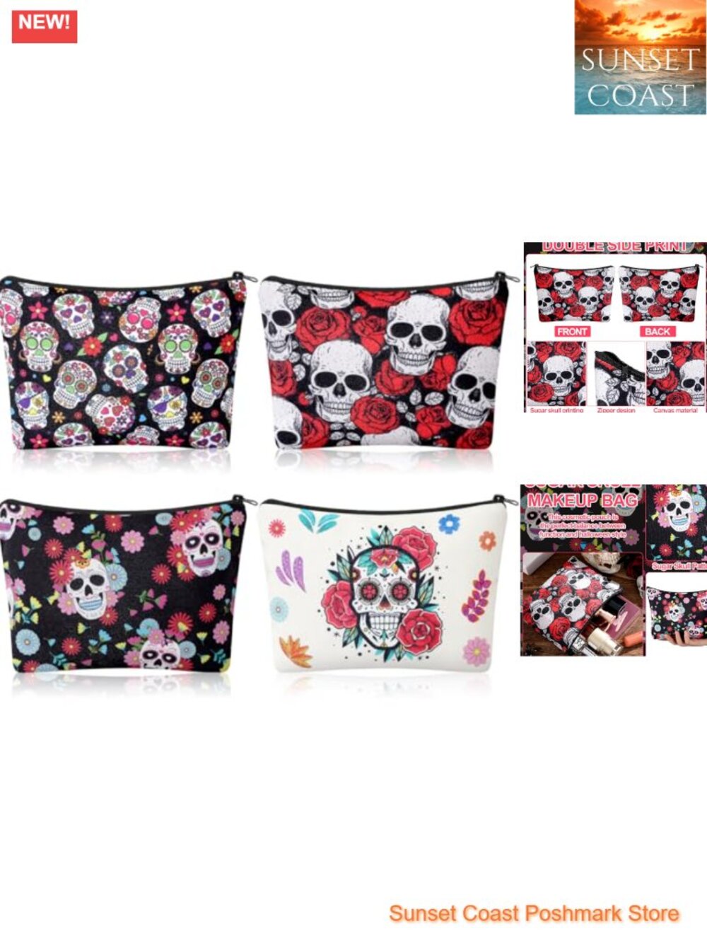 Canvas Sugar Skull Makeup Bags Set of 4, Gothic Travel Toiletry Pouch, Zipper
